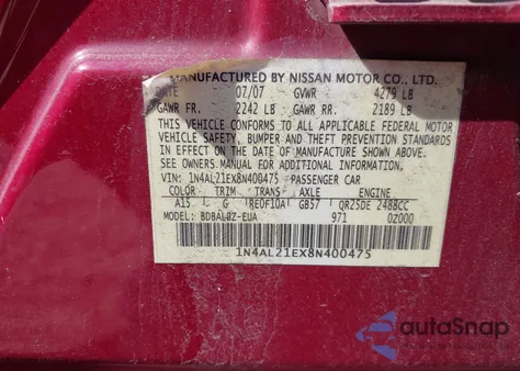 2008 Nissan Altima 2.5 S z USA, uszkodzony, nr VIN 1N4AL21EX8N400475